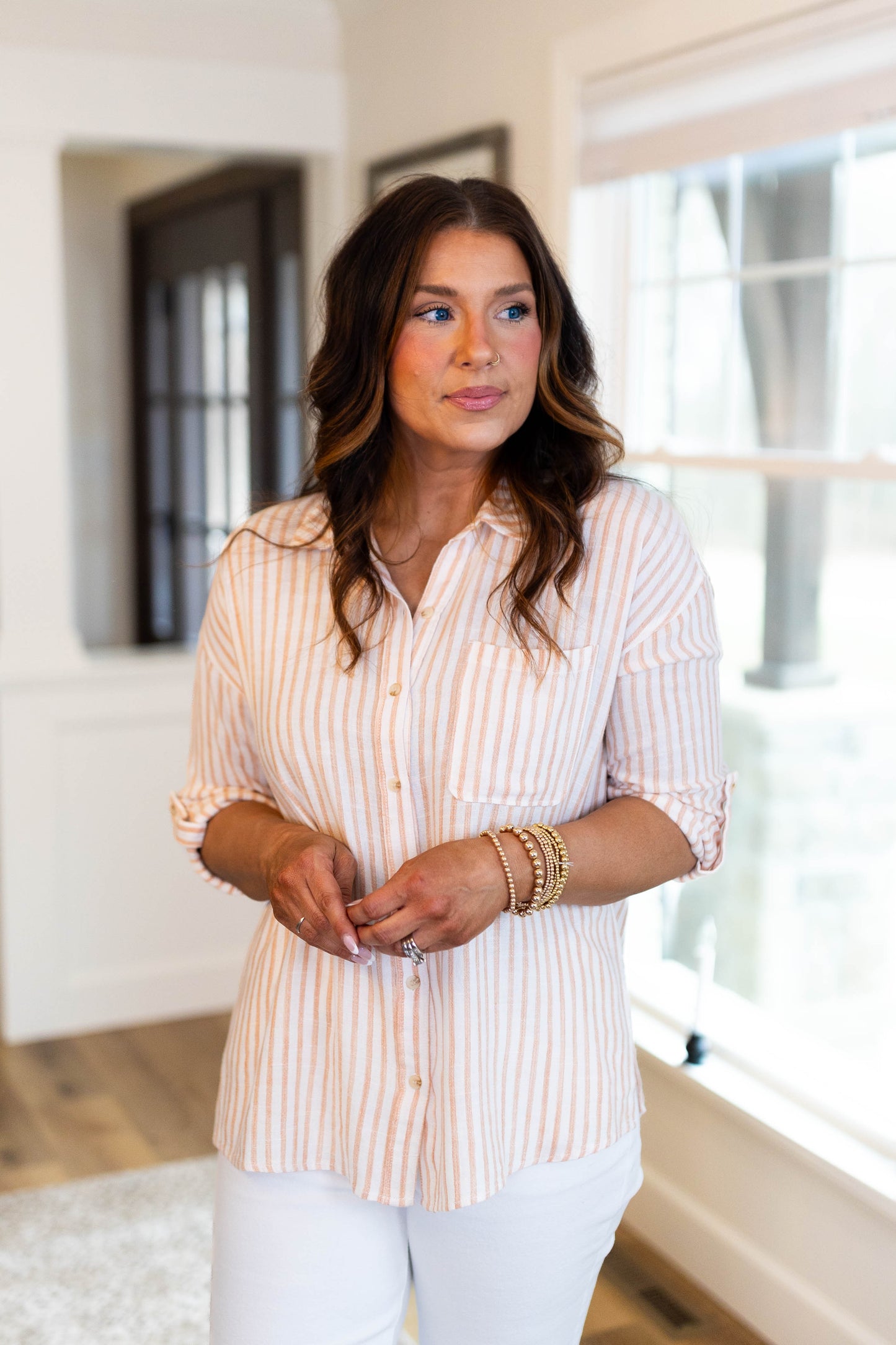 Striped Linen Tab Sleeve Shirt