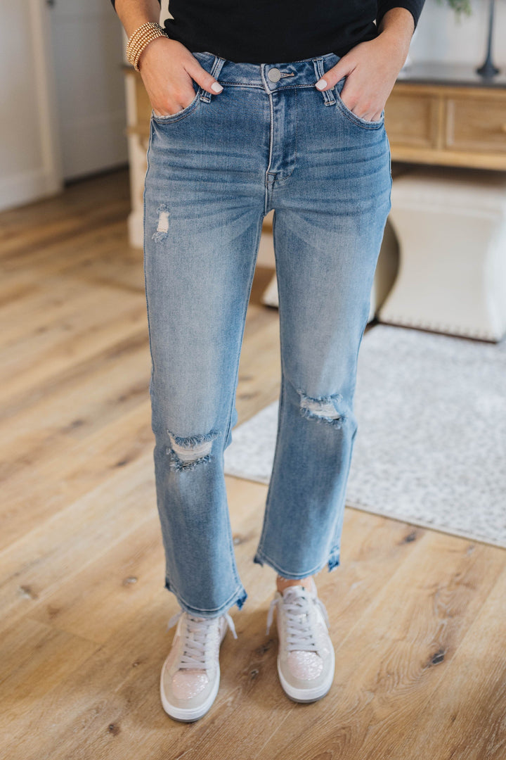Risen High Rise Crop Straight Leg Jeans