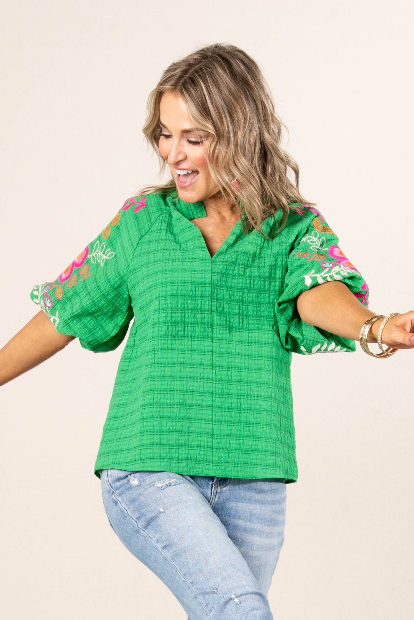 Textured Embroidered Sleeve Top