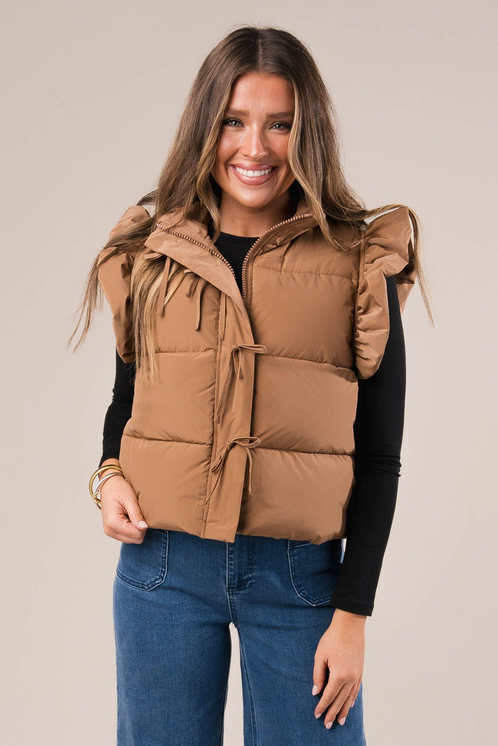 Ruffle Shoulder Bow Tie Puffer Vest *Final Sale*