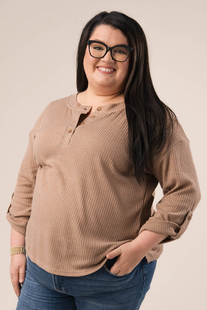 Ribbed Tab Sleeve Henley Top