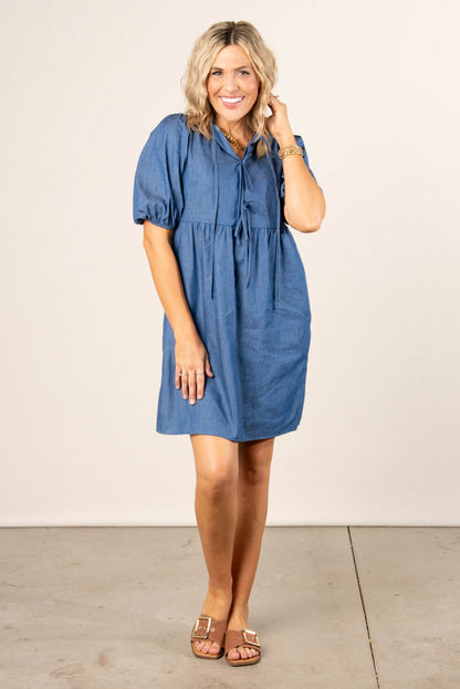 Chambray Bow Front Babydoll Dress