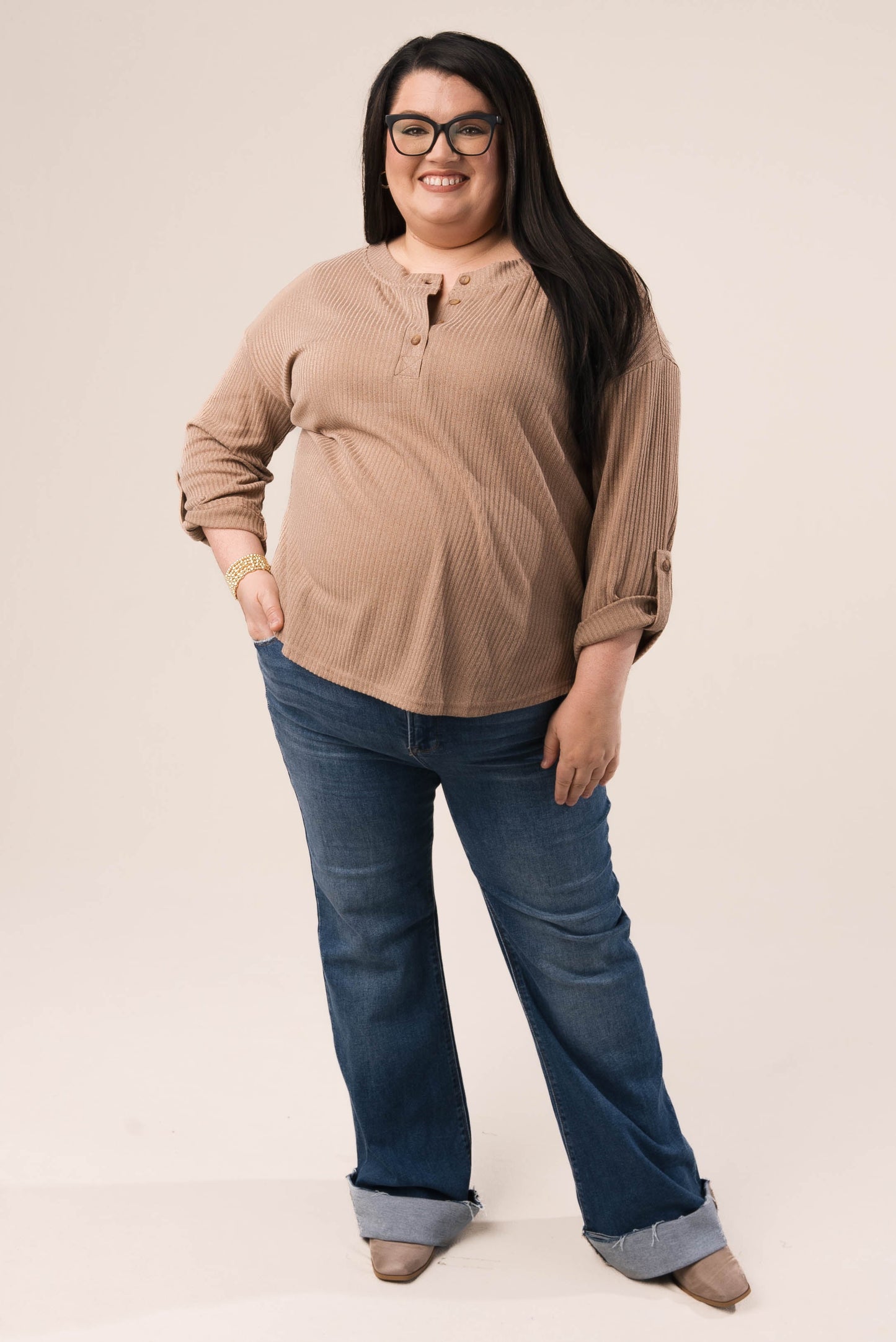 Ribbed Tab Sleeve Henley Top