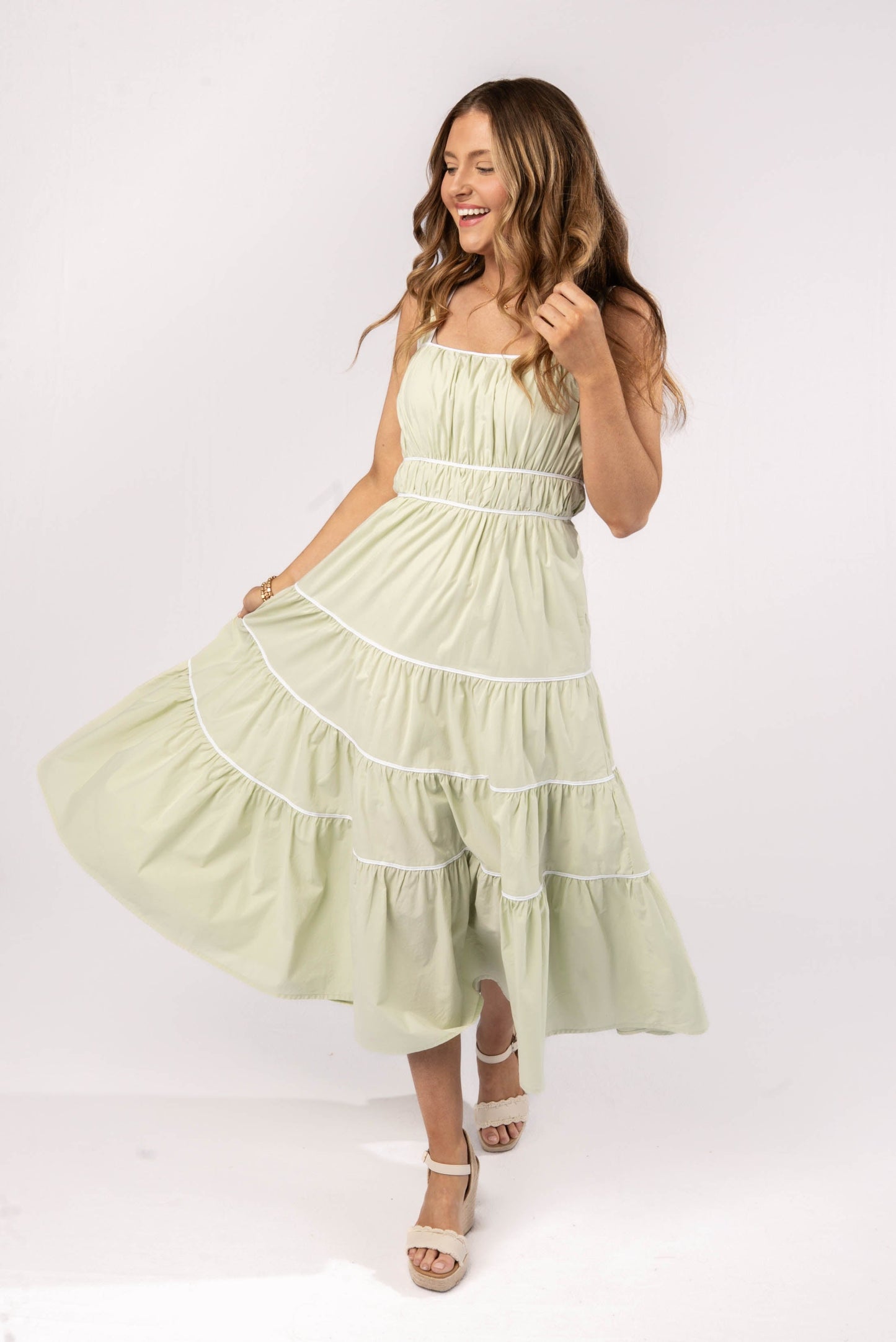 Gathered Bodice Tiered Midi Dress