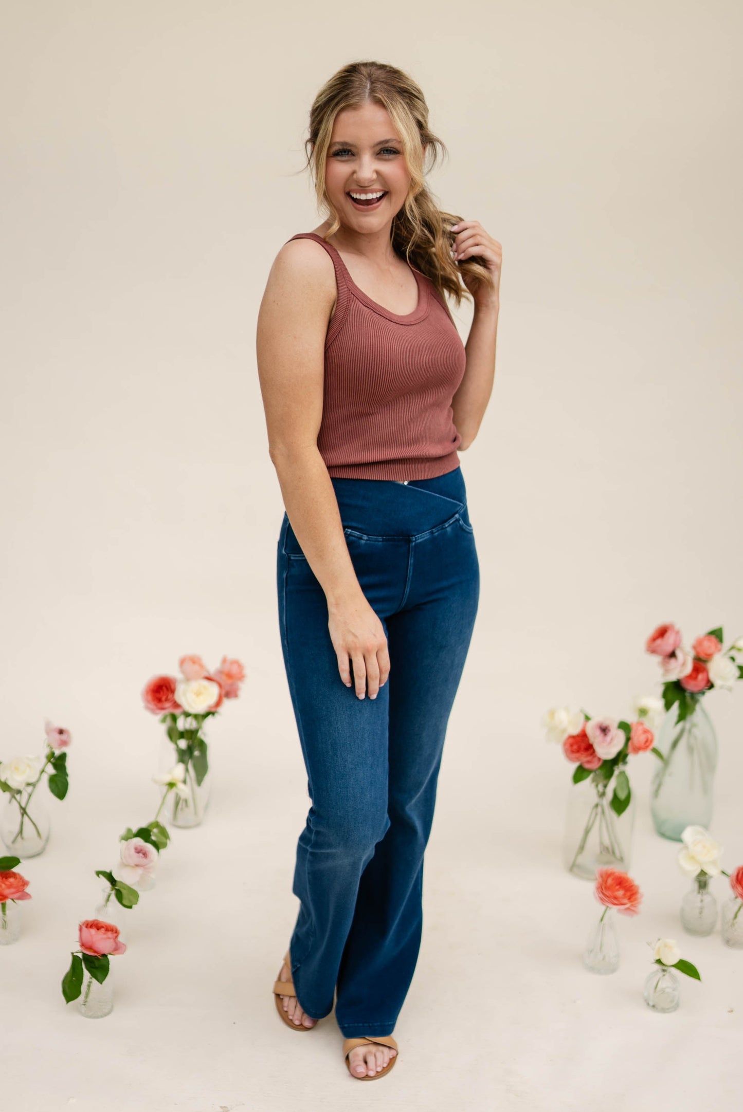 Pull-On High Crossover Waist Flare Jeans *Final Sale*