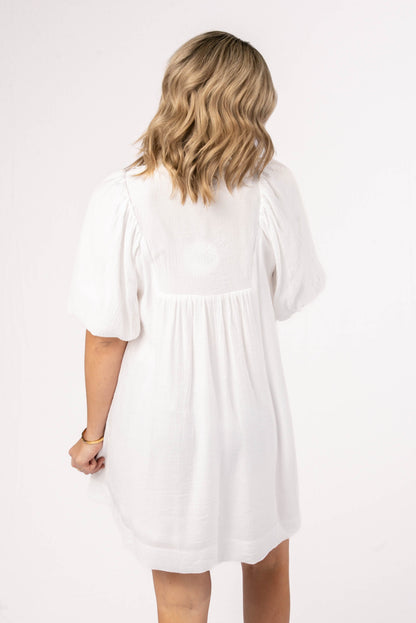Lace Bodice Frill Neck Dress