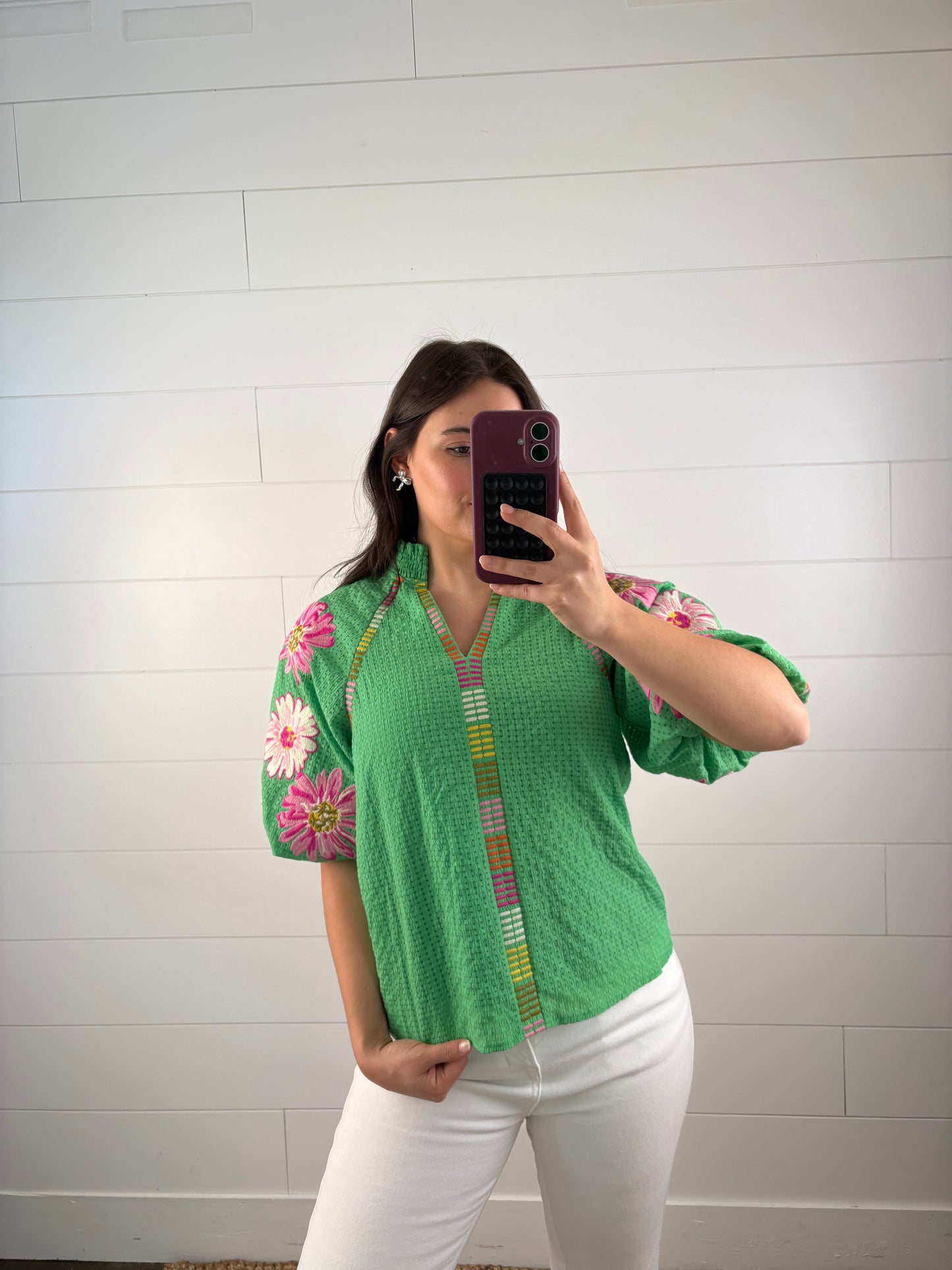 Open Knit Embroidered Detail Top