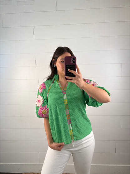 Open Knit Embroidered Detail Top