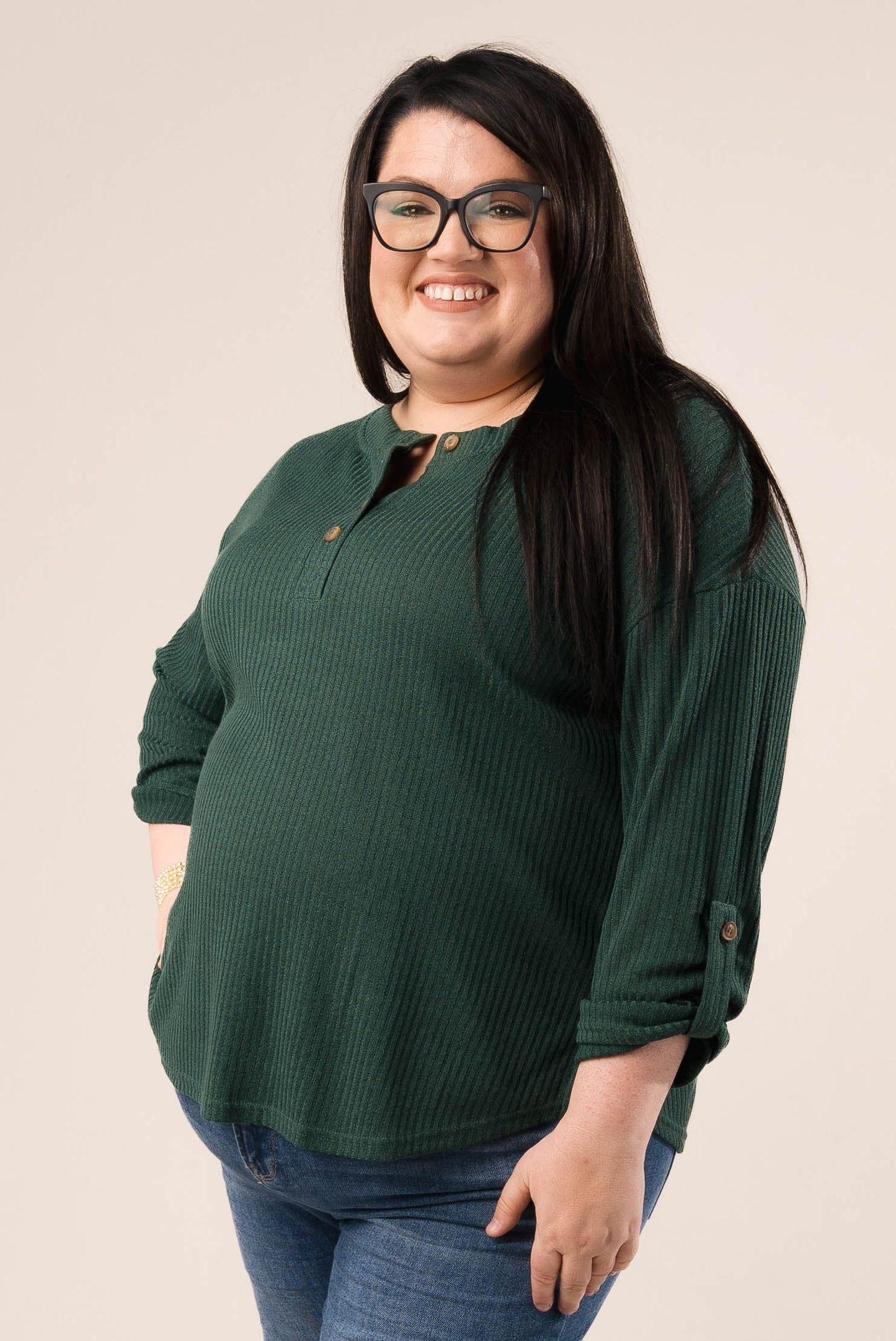 Ribbed Tab Sleeve Henley Top