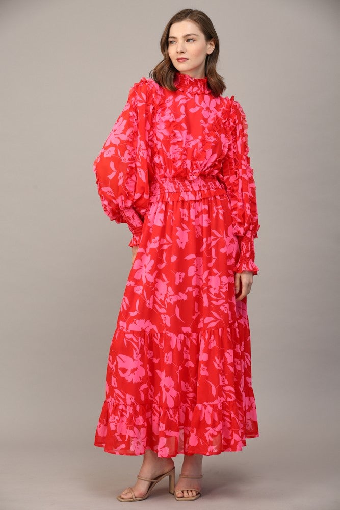 Floral Ruffle Smocked Waist Maxi Dress