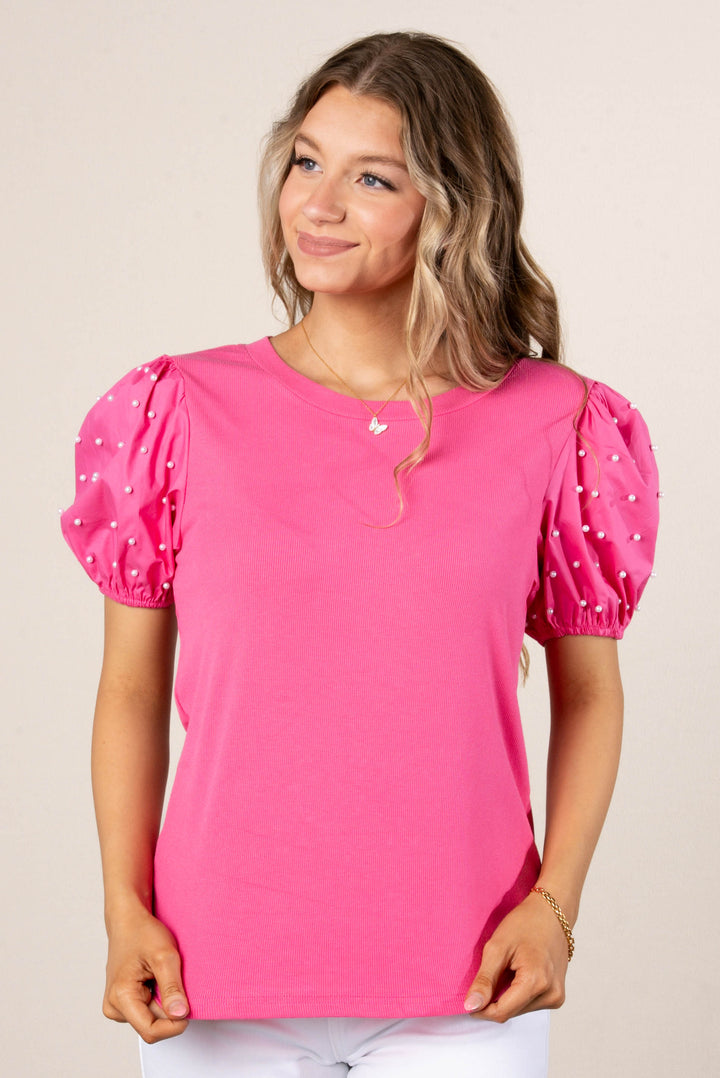 Georgia Mae Pearl Embellished Sleeve Top