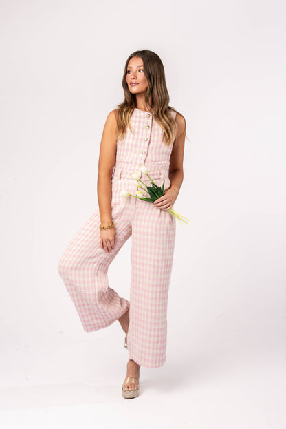 Tweed Plaid Sleeveless Button Detail Jumpsuit *Final Sale*