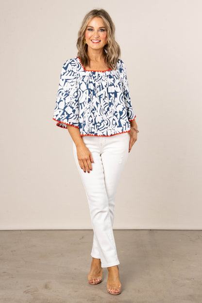 Abstract Square Neck Bell Sleeve Top