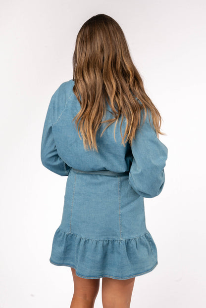 Tiered Hem Belted Denim Dress