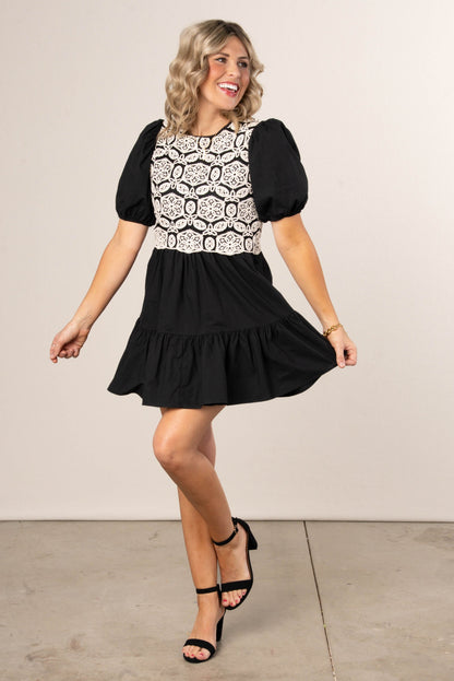 Crocheted Bodice Puff Sleeve Dress
