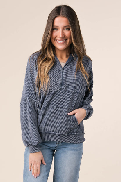 Ribbed Half Zip Hooded Top