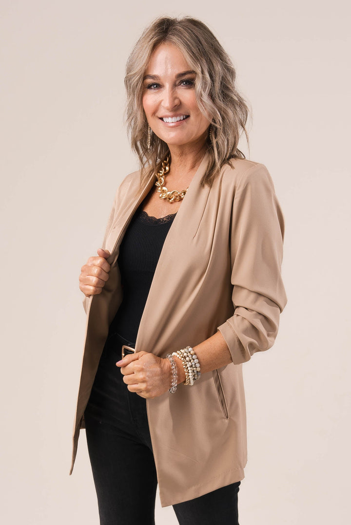 Open Front Ruched Sleeve Blazer
