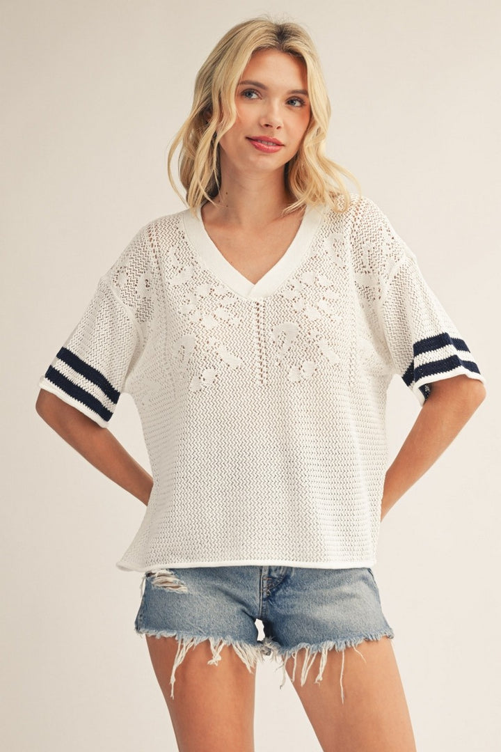 Ivy League Floral Knit Striped Sleeve Sweater