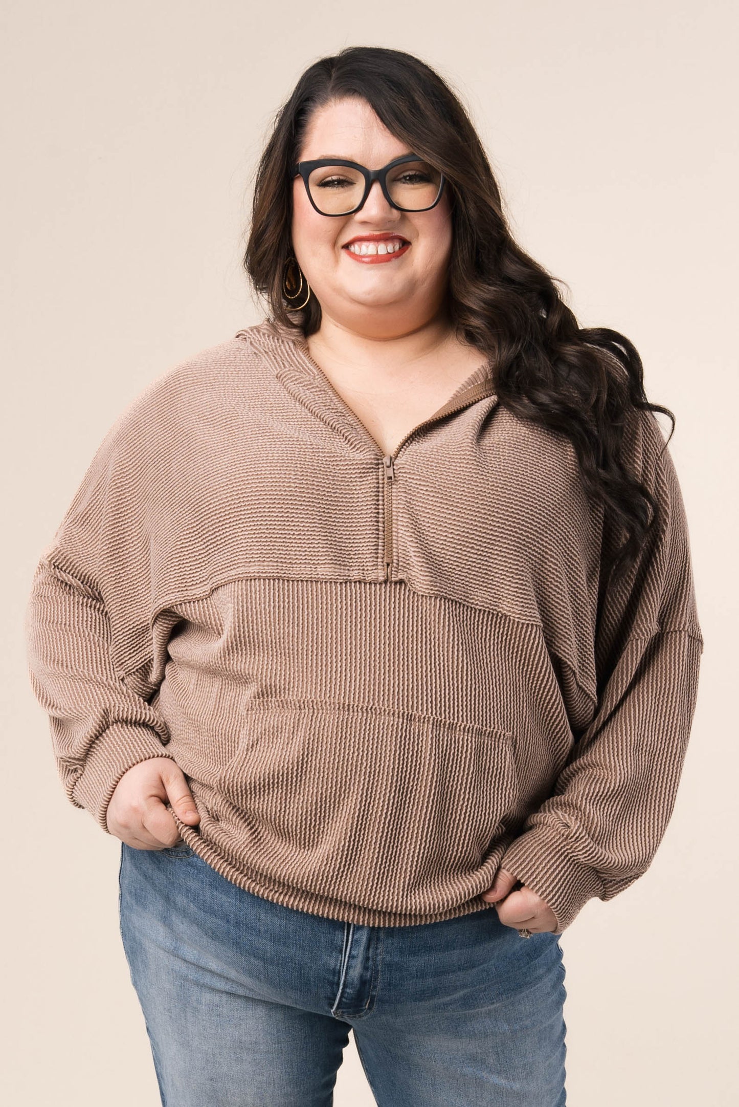 Ribbed Half Zip Hooded Top