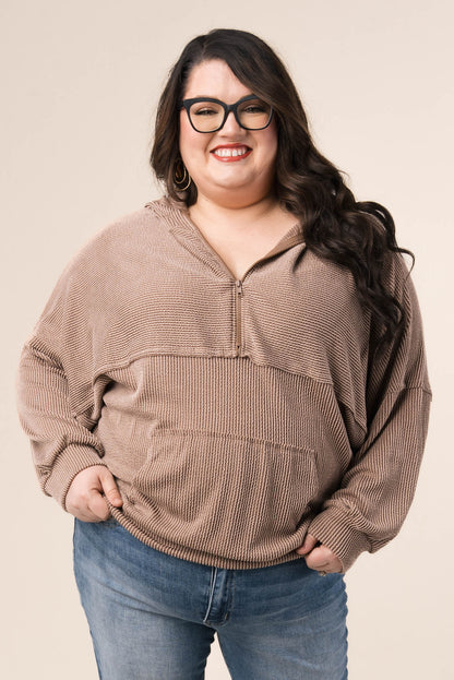 Ribbed Half Zip Hooded Top