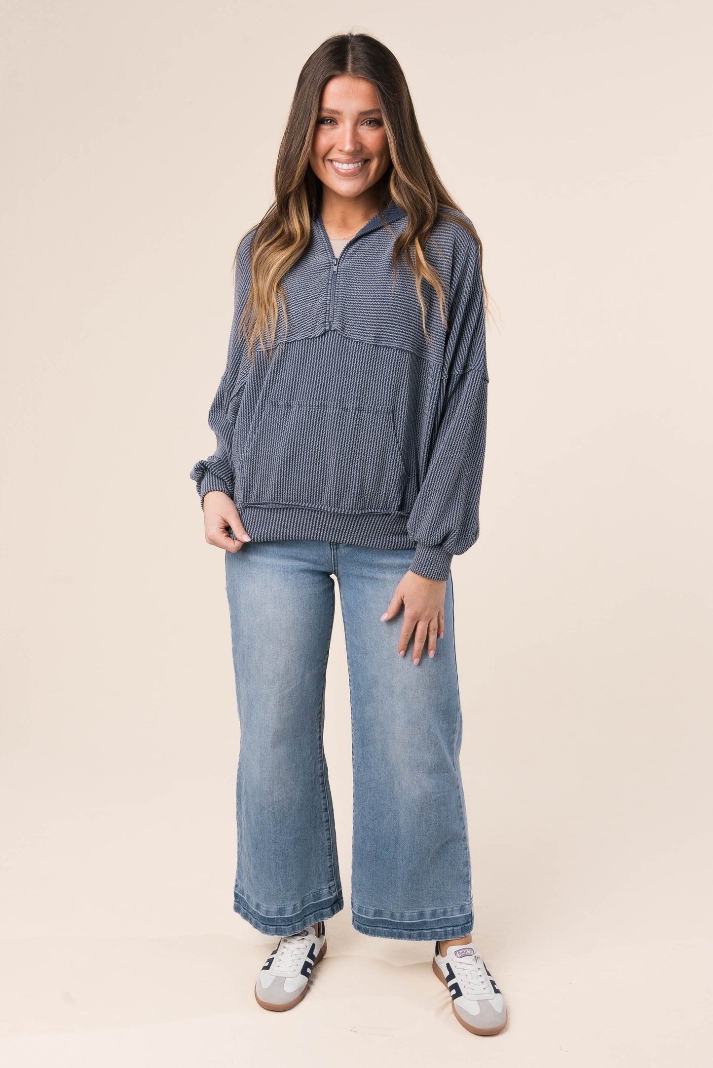 Ribbed Half Zip Hooded Top