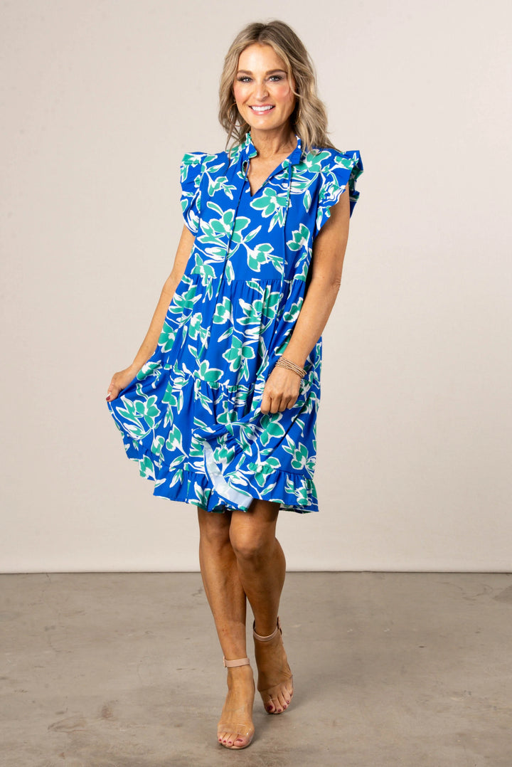 Floral Ruffle Tie Neck Dress