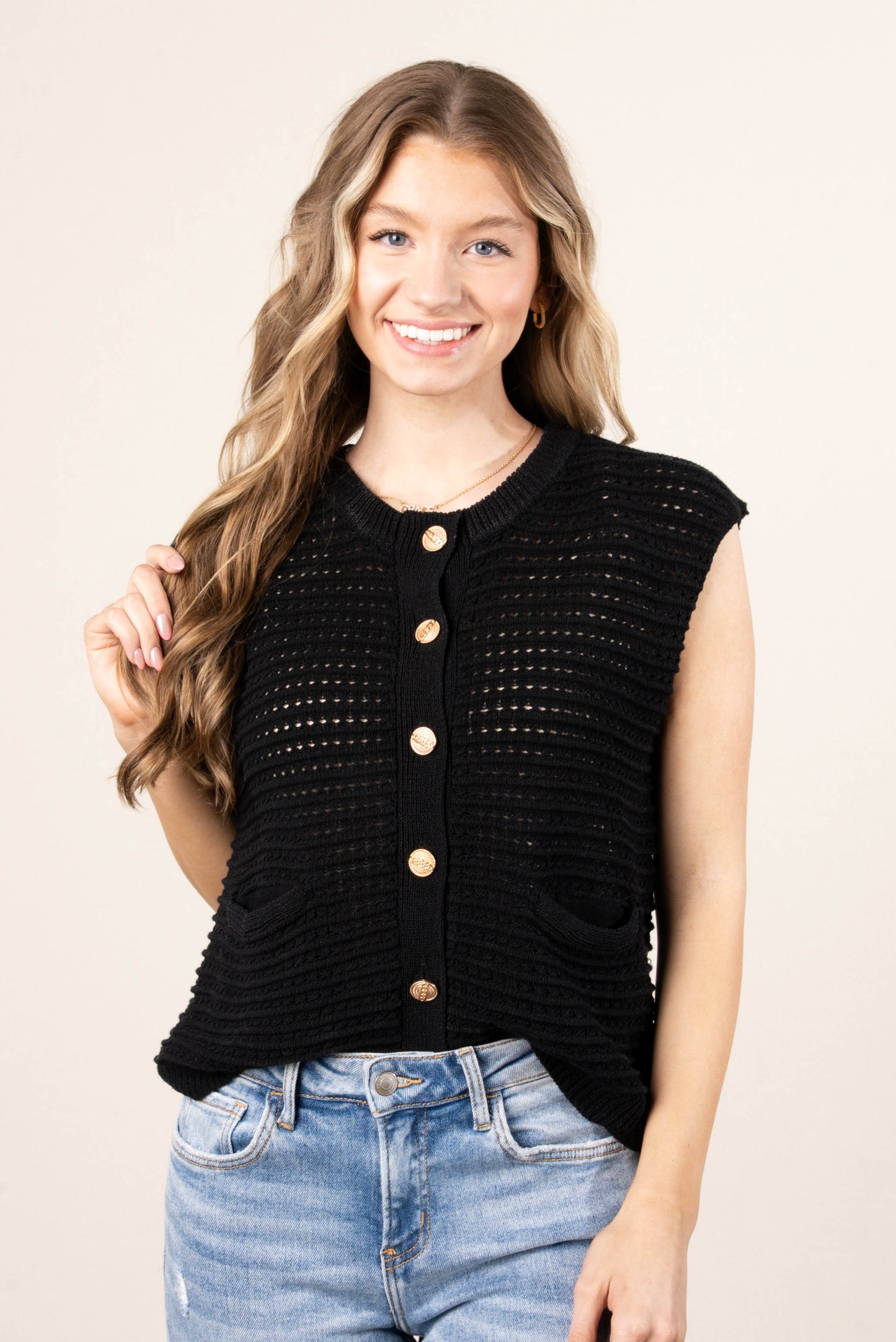Crocheted Gold Button Sweater Vest