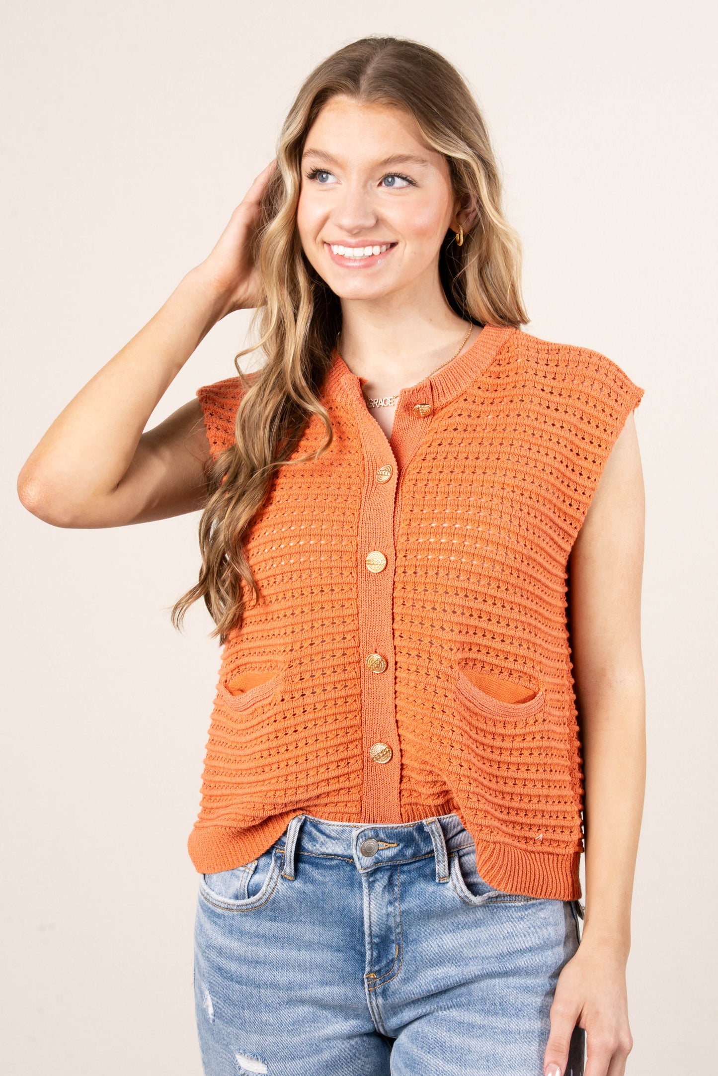 Crocheted Gold Button Sweater Vest