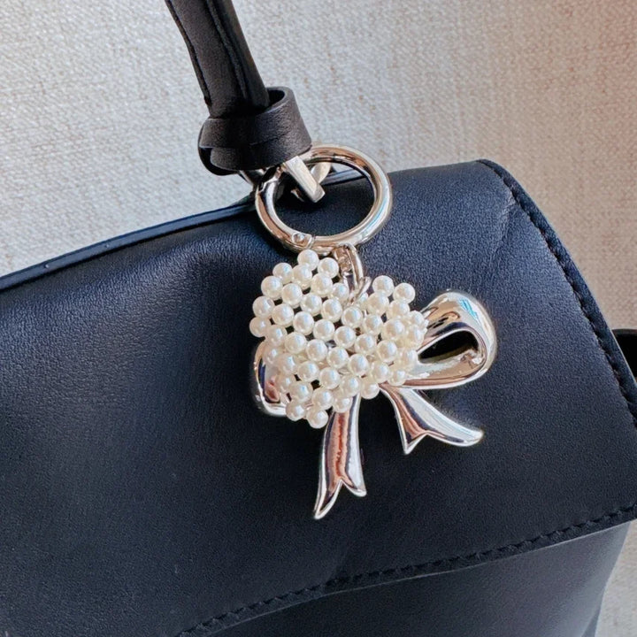 Knitted Pearl Heart Bow Bag Charm