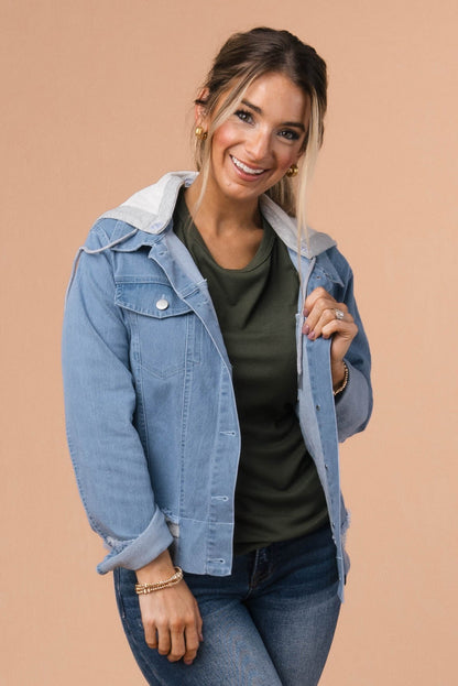 Contrast Trim Hooded Denim Jacket