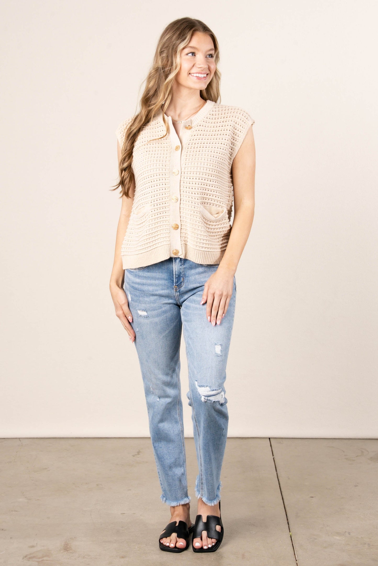 Crocheted Gold Button Sweater Vest