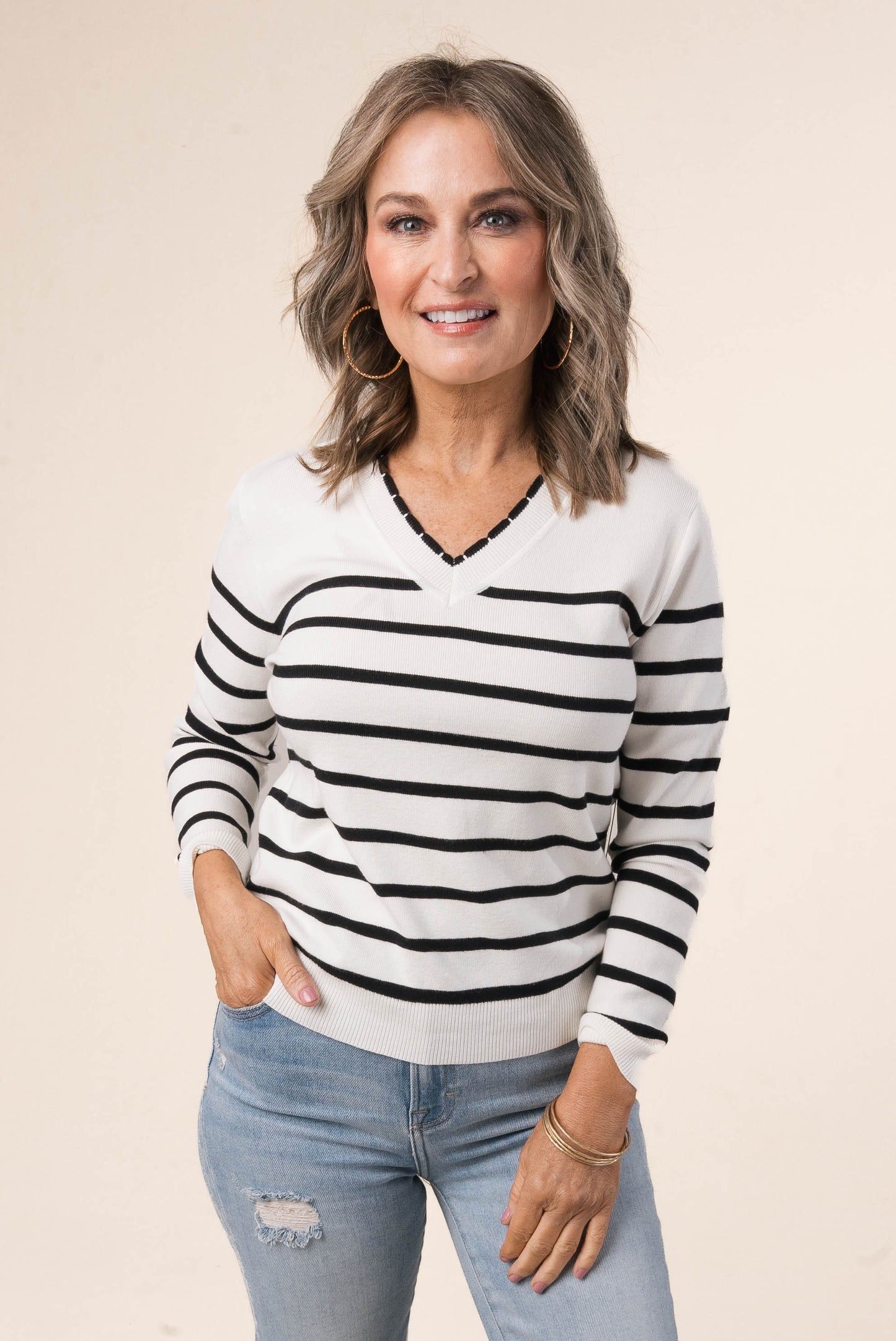 Striped Scallop Neck Sweater