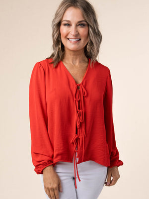 Crinkle Knit Tie Front Blouse