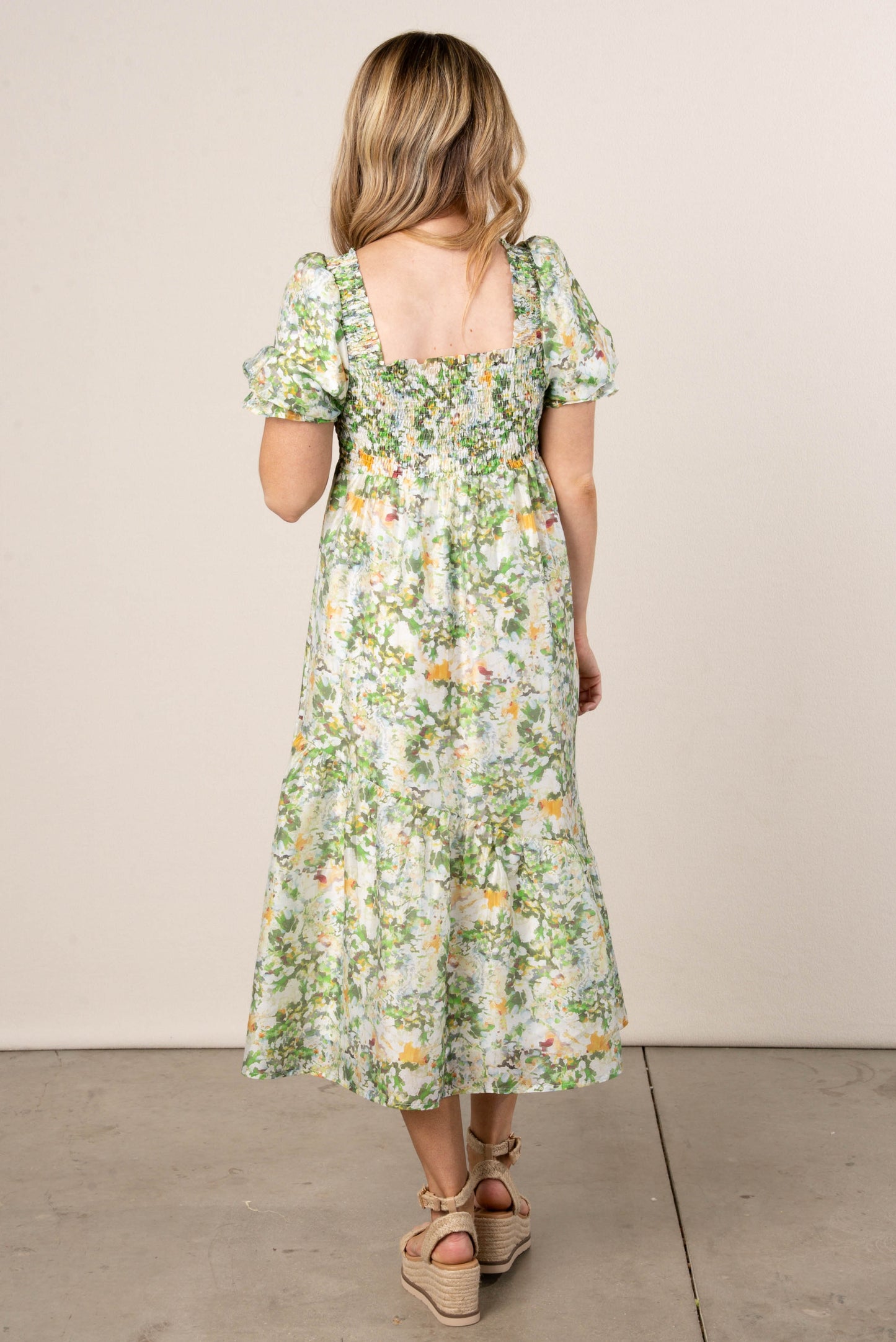 Floral Chiffon Smocked Midi Dress