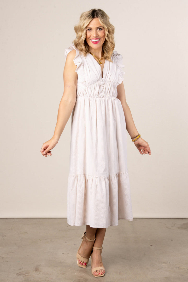 Pinstriped Open Tie Back Midi Dress