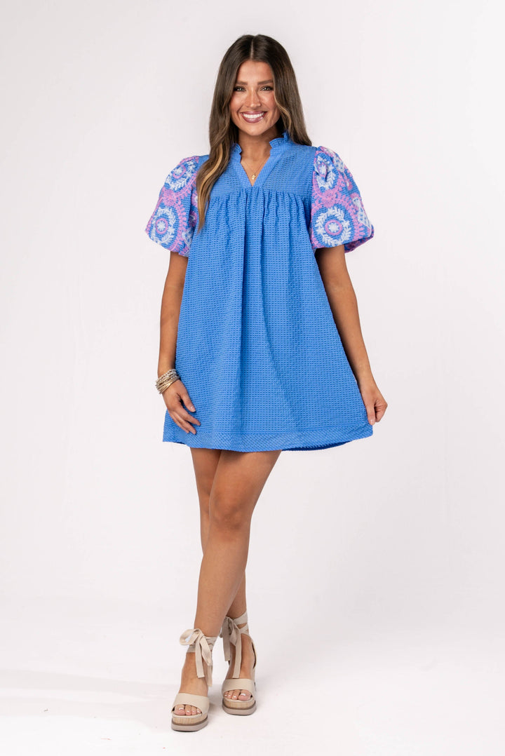 Seersucker Embroidered Sleeve Dress