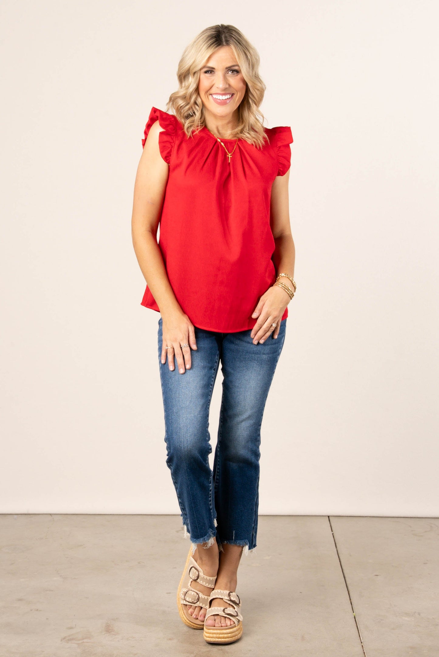 Pleat Neck Ruffle Shoulder Top