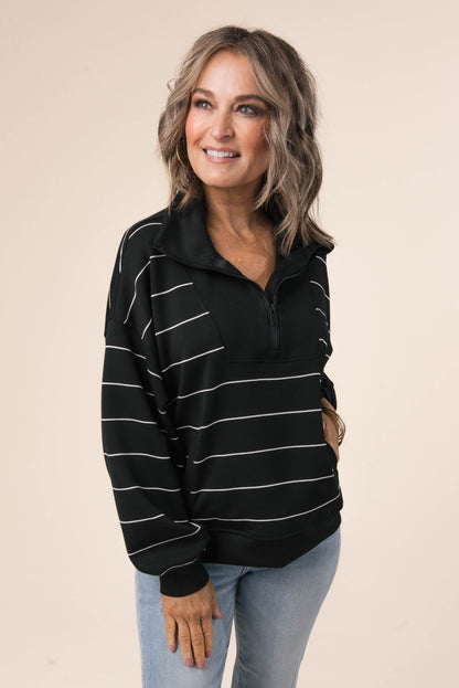 Striped Half Zip Funnel Neck Pullover