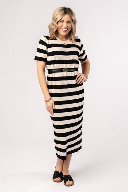 Striped Button Shoulder Midi Dress