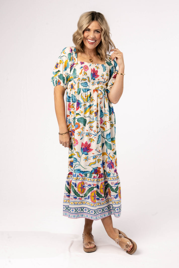 Floral Border Print Smocked Midi Dress