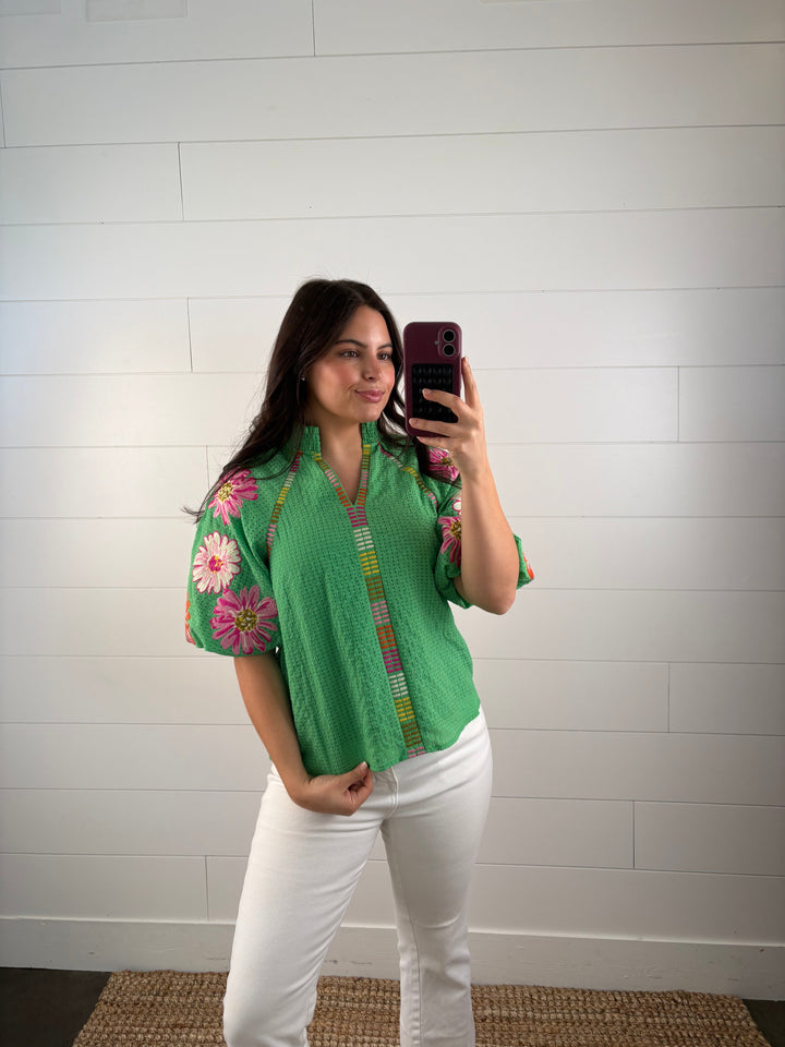 Open Knit Embroidered Detail Top
