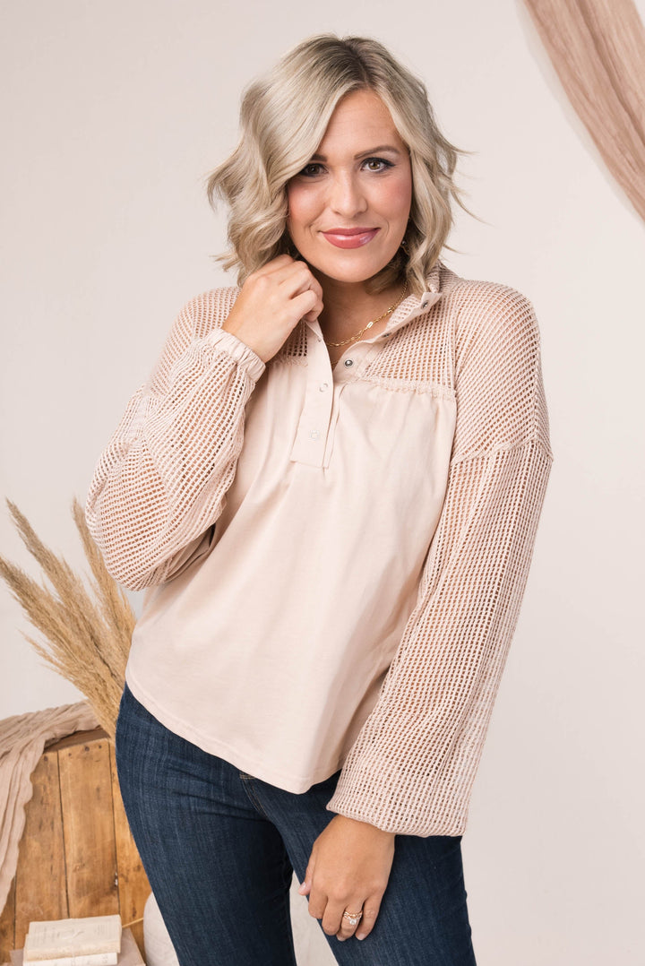 Contrast Knit Snap Neck Top