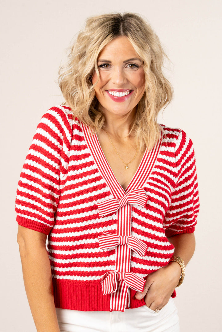 Mixed Stripe Bow Front Cardigan