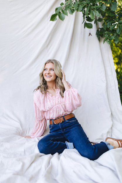 sku29788 | Floral Ruched Ruffle Neck Blouse *Final Sale*