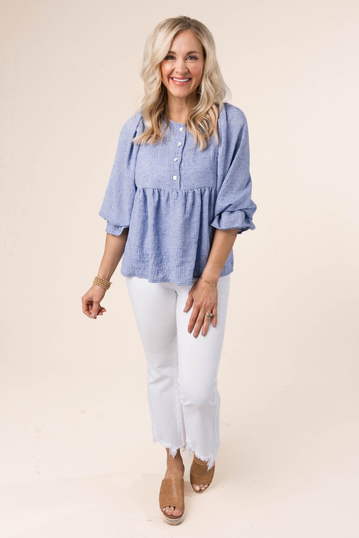 Textured Half Button Babydoll Blouse