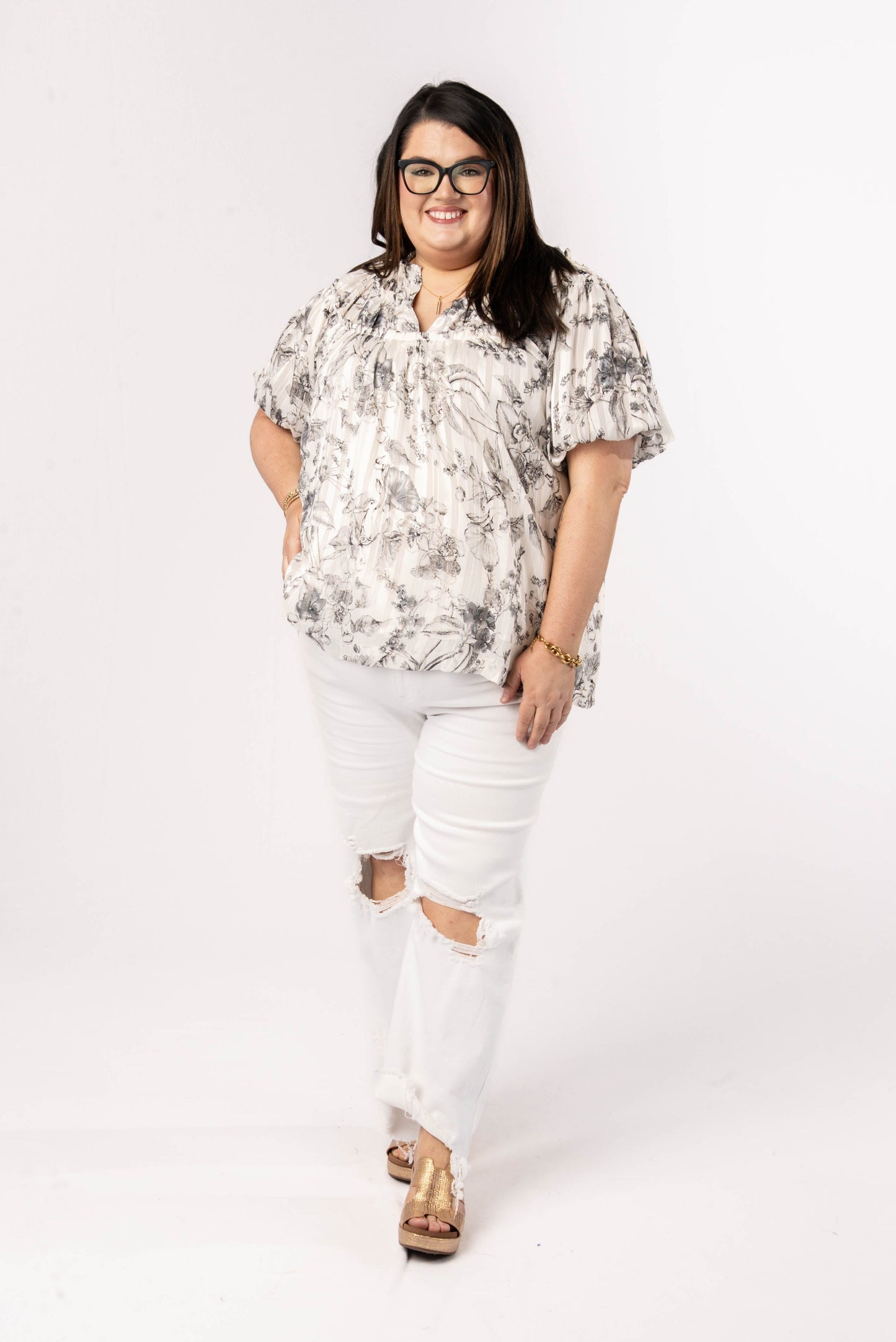 Floral Lurex Stripe Peasant Blouse