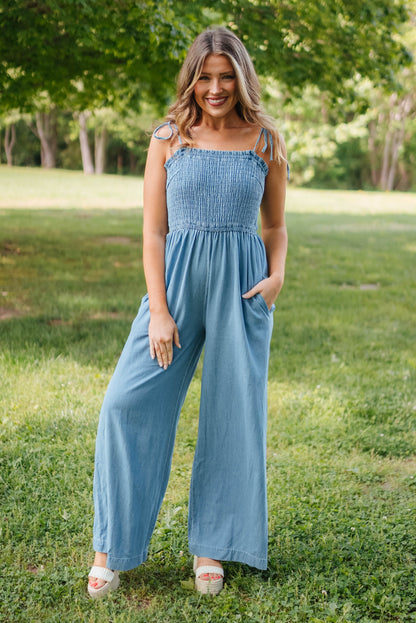 Chambray Smocked Tie Shoulder Jumpsuit