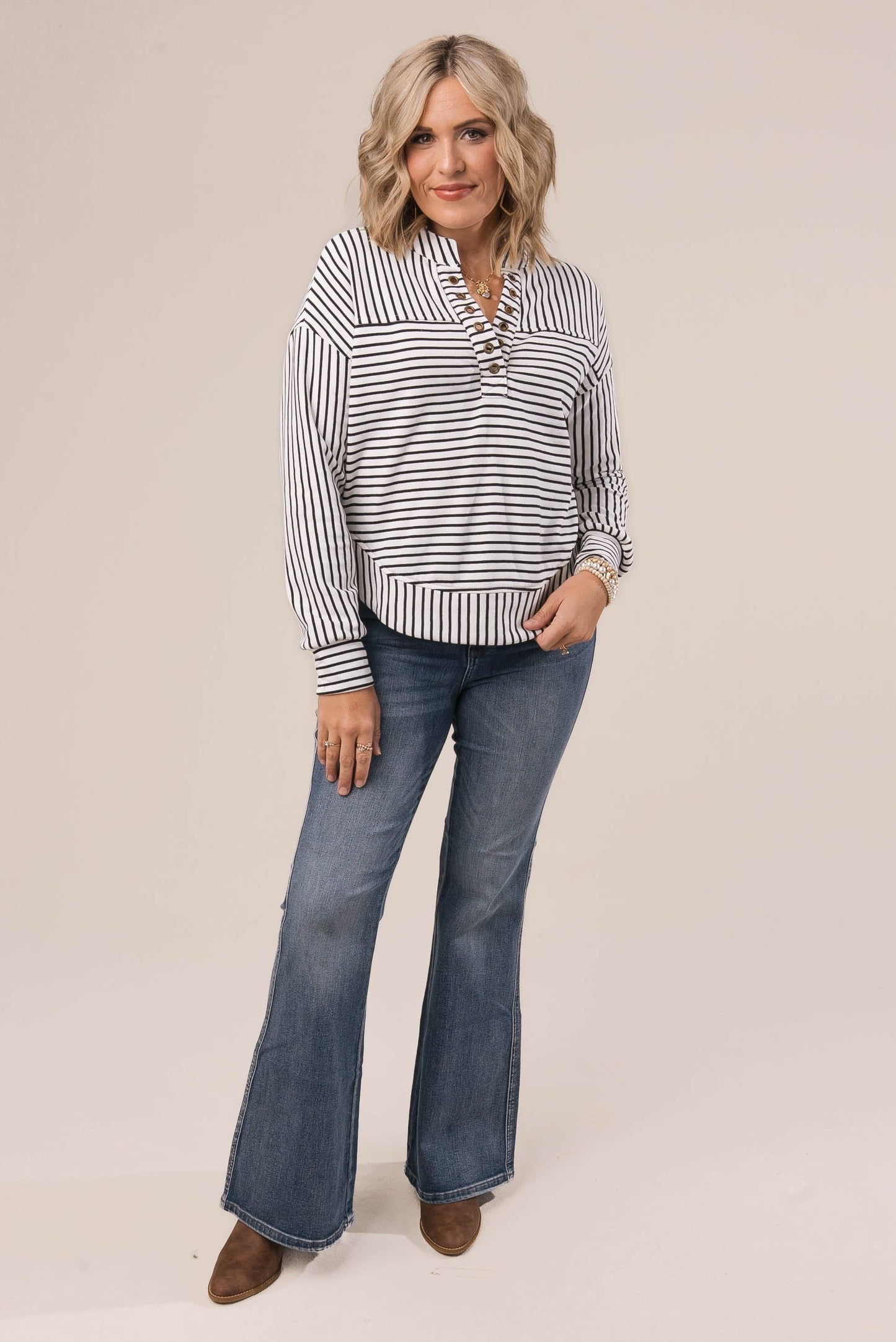 Striped Split Grommet Neck Top