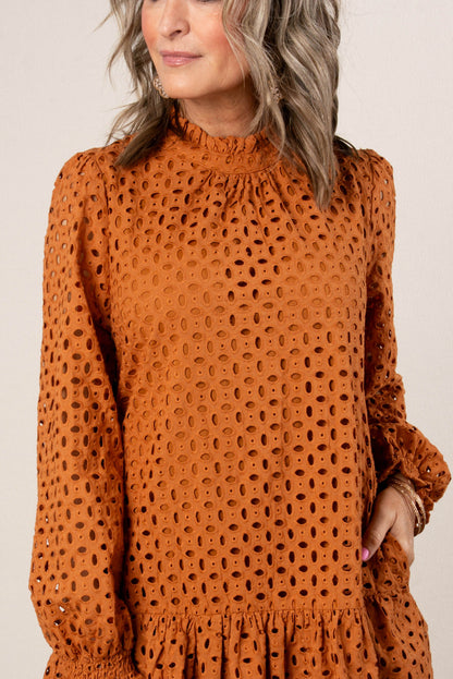 Eyelet Lace Overlay Frill Neck Dress