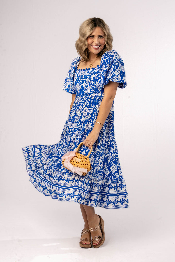 Floral Border Print Square Neck Midi Dress